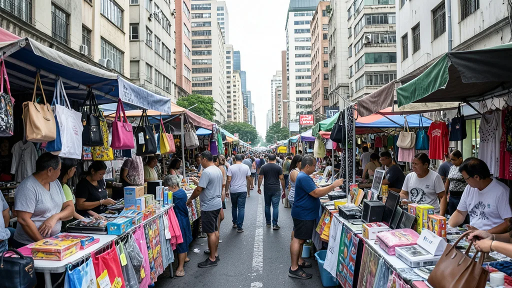 Imagem gerada por IA: Bancas de roupas, bolsas e eletrônicos em uma rua comercial movimentada de São Paulo.