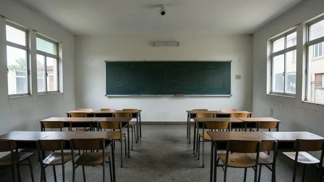 Imagem gerada por IA: Sala de aula vazia de uma escola pública, com carteiras e uma câmera de segurança no teto.