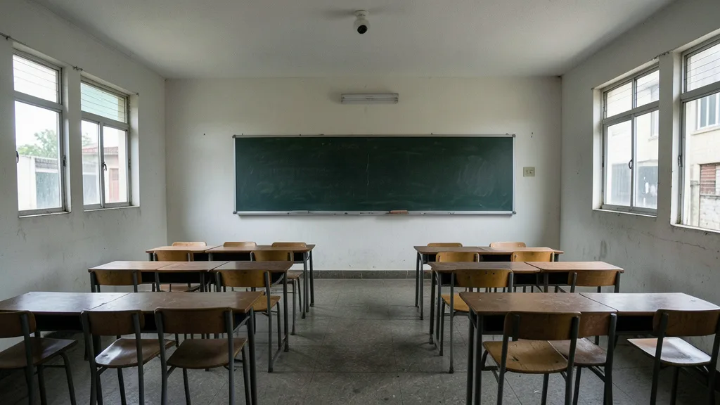 Imagem gerada por IA: Sala de aula vazia de uma escola pública, com carteiras e uma câmera de segurança no teto.