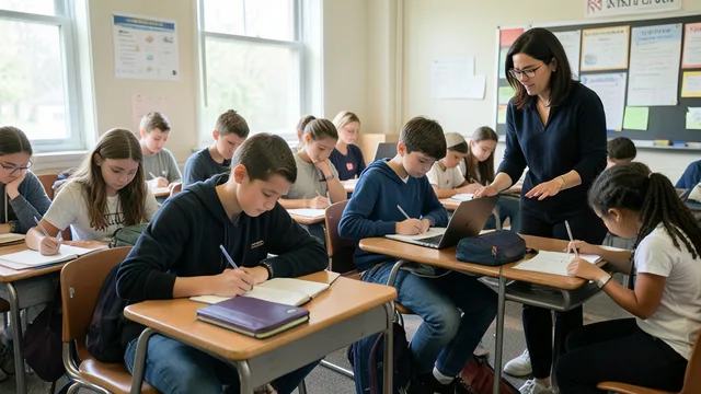 Imagem gerada por IA: Alunos escrevem em cadernos enquanto uma professora acompanha a atividade em sala de aula.