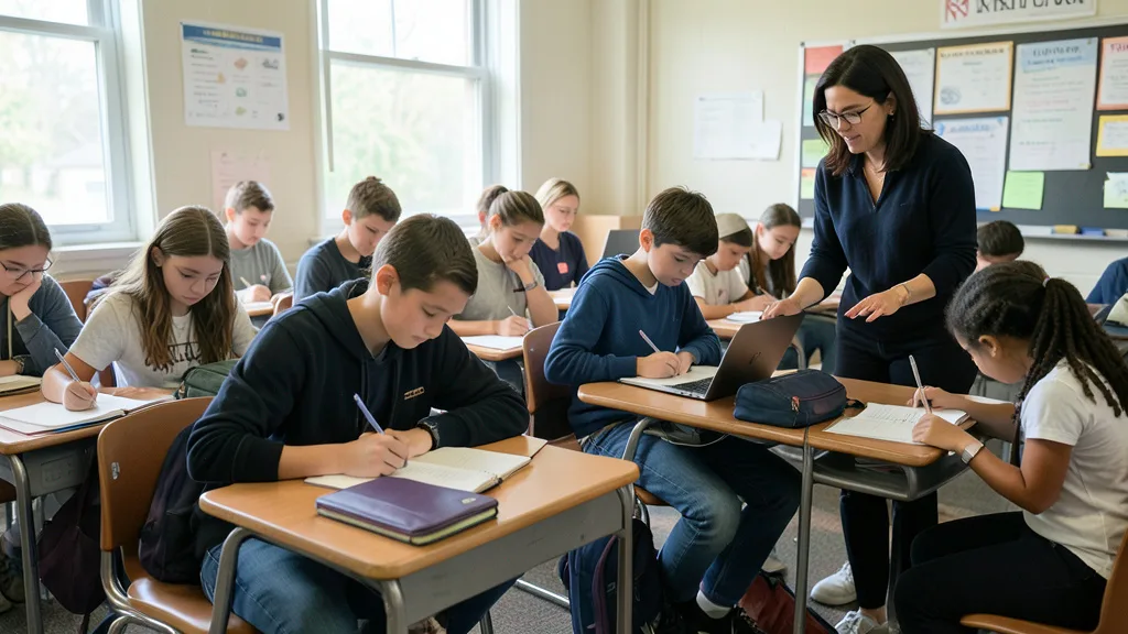 Imagem gerada por IA: Alunos escrevem em cadernos enquanto uma professora acompanha a atividade em sala de aula.