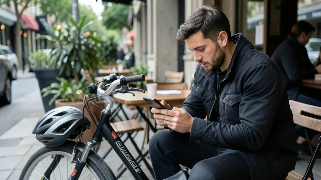 Imagem gerada por IA: Entregador autônomo consulta o celular durante uma pausa ao lado da bicicleta.