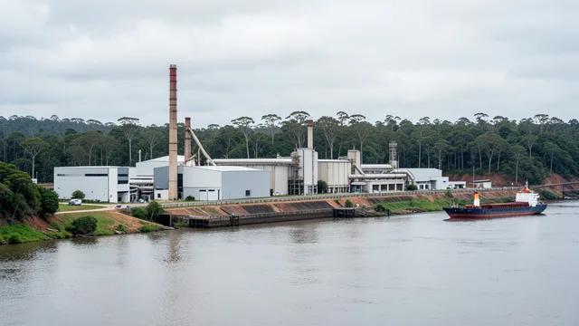 Imagem gerada por IA: Complexo industrial de celulose às margens de um rio, com floresta ao fundo e embarcação de carga.