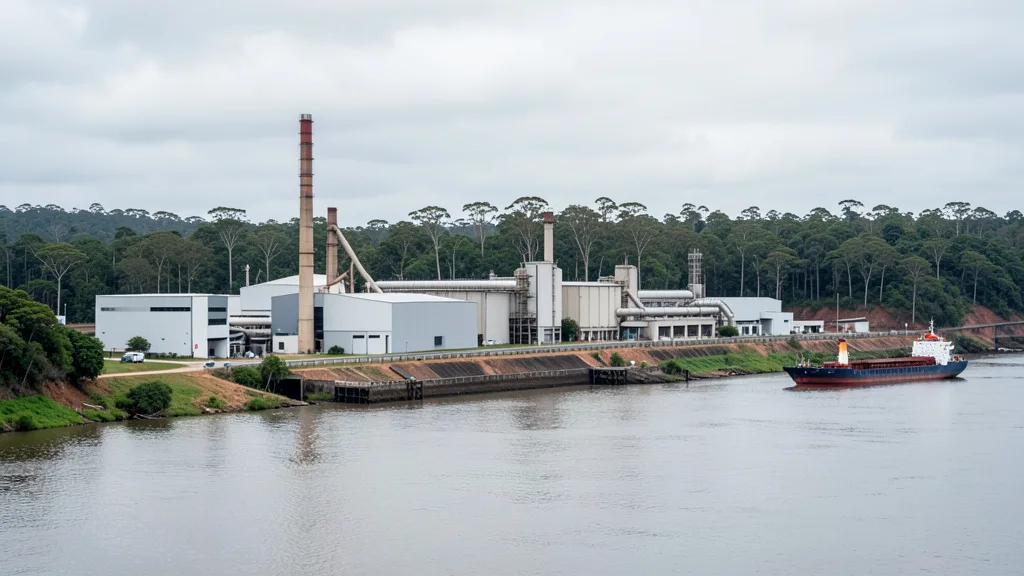 Imagem gerada por IA: Complexo industrial de celulose às margens de um rio, com floresta ao fundo e embarcação de carga.