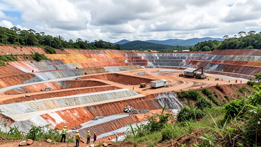 Imagem gerada por IA: Área de mineração e processamento mineral no Brasil, com trabalhadores ao fundo.
