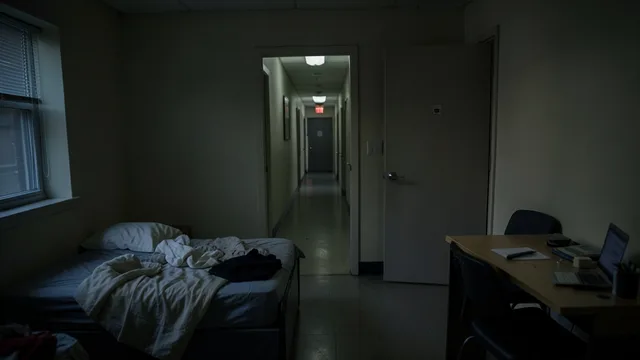 Imagem gerada por IA: Quarto de dormitório universitário vazio, com a porta aberta para um corredor escuro.