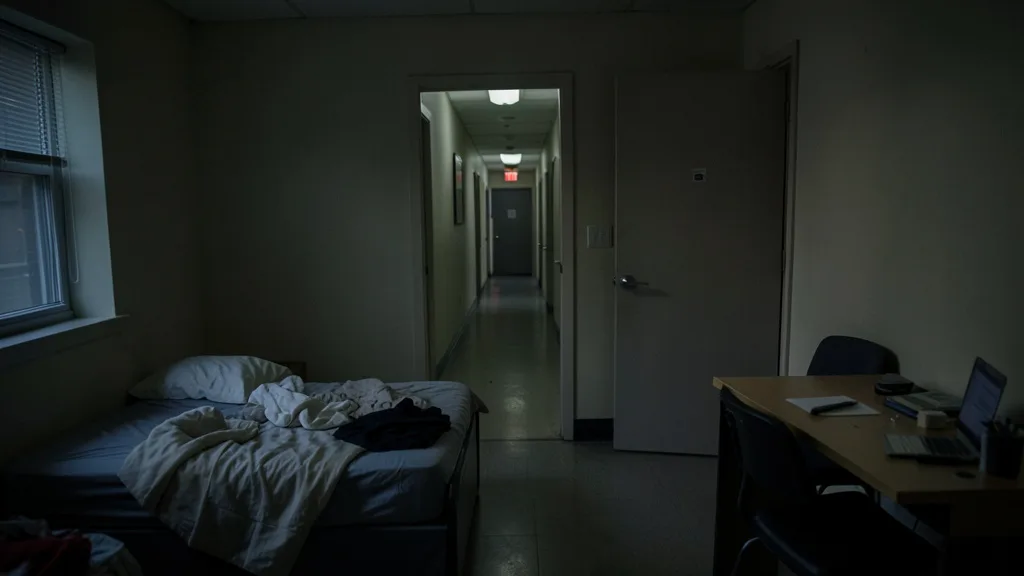 Imagem gerada por IA: Quarto de dormitório universitário vazio, com a porta aberta para um corredor escuro.