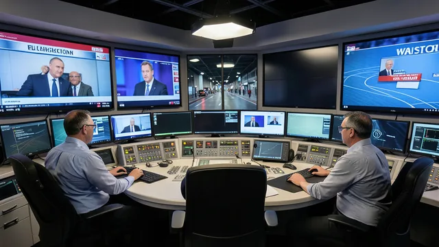 Imagem gerada por IA: Sala de controle de uma transmissão televisiva, com monitores e equipamentos de áudio.