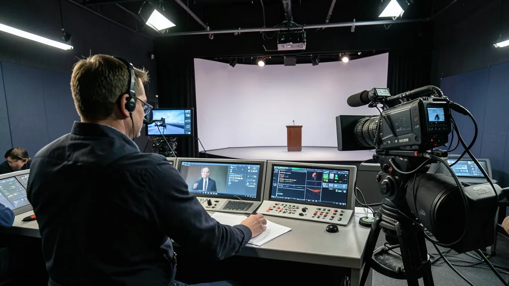 Imagem gerada por IA: Câmera de televisão diante de um palco vazio preparado para uma transmissão eleitoral.