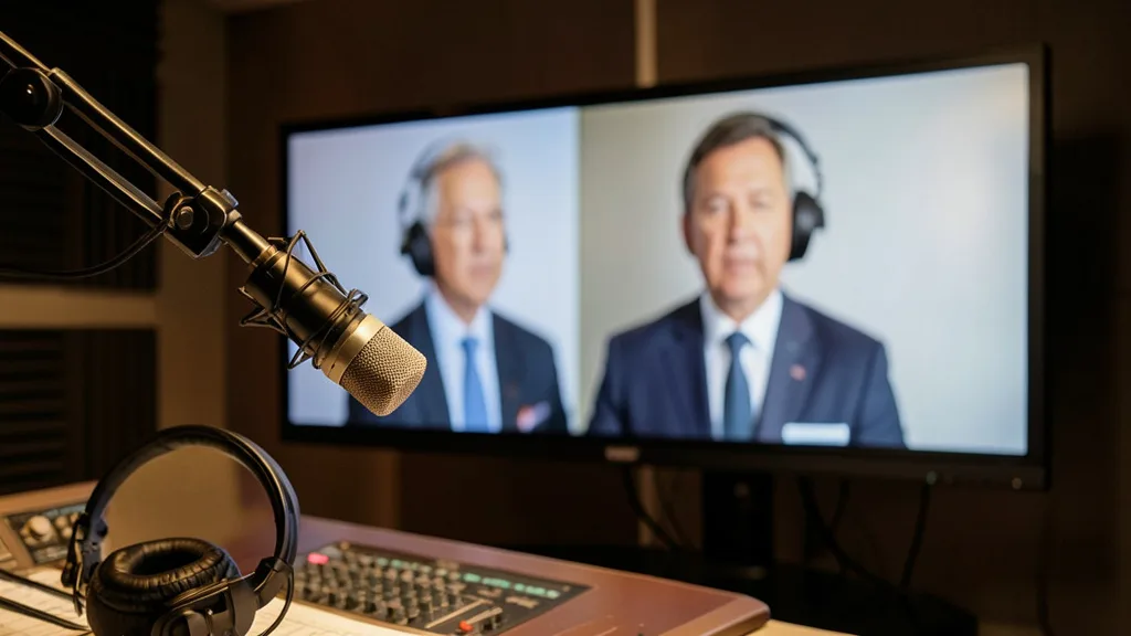 Imagem gerada por IA: Microfone em estúdio de rádio diante de uma televisão com dois candidatos em uma transmissão eleitoral.