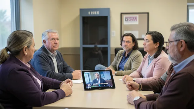 Imagem gerada por IA: Grupo diverso de eleitores assiste a um vídeo de campanha em uma sala comunitária.