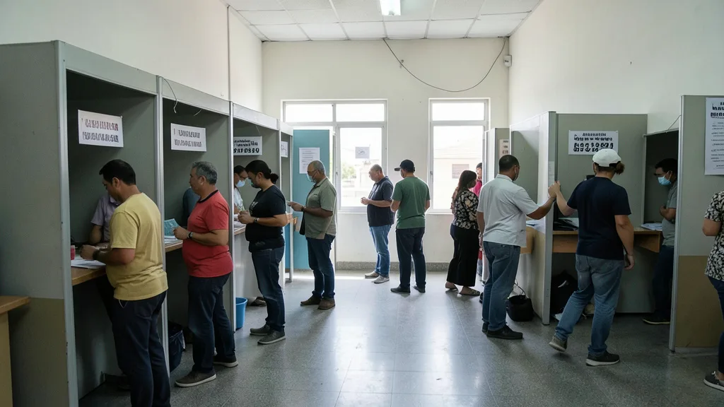Imagem gerada por IA: Eleitores aguardam em uma seção de votação durante o segundo turno das eleições.