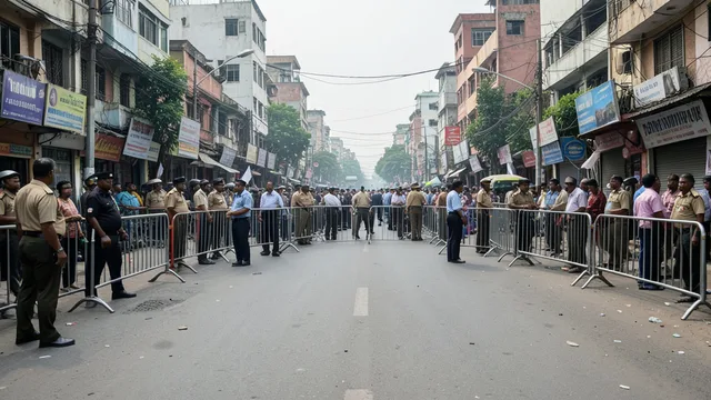 Imagem gerada por IA: Policiais e barricadas em uma rua de Nova Délhi antes de um protesto.