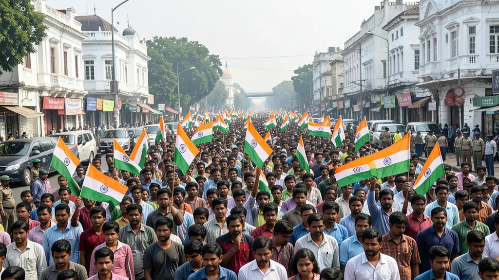 Imagem gerada por IA: Manifestantes agitam bandeiras indianas durante um protesto em uma avenida de Nova Délhi.