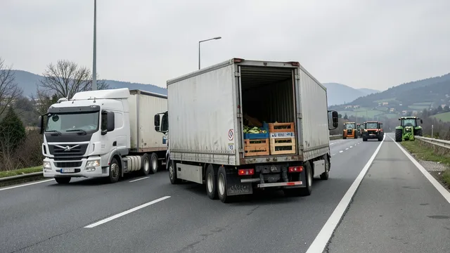 Imagem gerada por IA: Caminhões parados em uma rodovia italiana durante protestos, com tratores ao fundo.