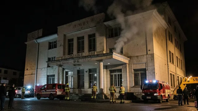 Imagem gerada por IA: Bombeiros diante de um prédio público em Tirana durante protestos noturnos.