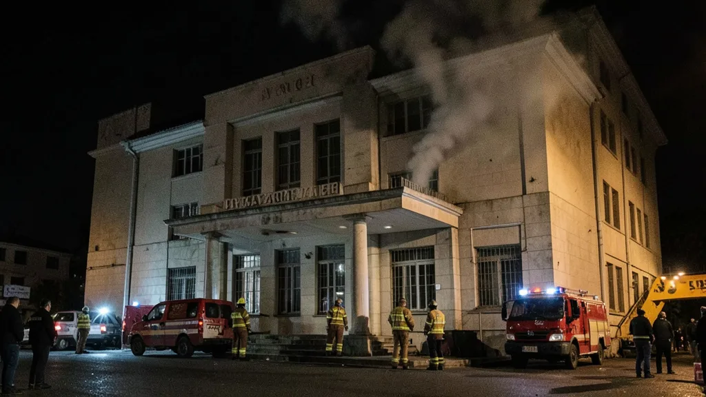 Imagem gerada por IA: Bombeiros diante de um prédio público em Tirana durante protestos noturnos.