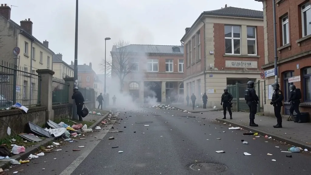 Entrada de uma escola francesa com fumaça e destroços após protestos estudantis, enquanto policiais permanecem ao fundo.