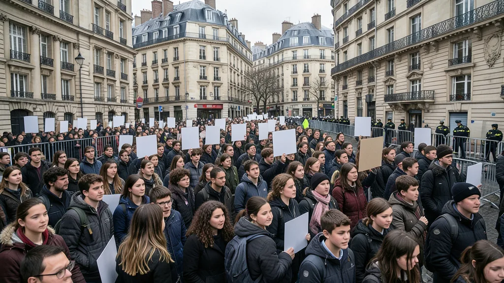 Imagem gerada por IA: Estudantes participam de uma manifestação diante de uma escola na França, com barreiras policiais ao fundo.