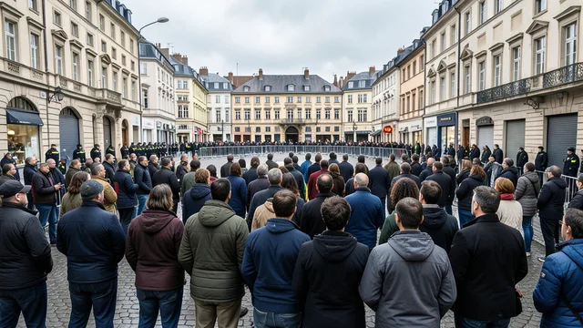 Imagem gerada por IA: Manifestantes ocupam uma praça europeia, com lojas fechadas e barreiras ao fundo.