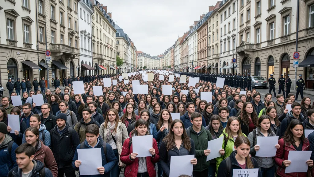 Imagem gerada por IA: Jovens participam de uma manifestação em uma rua de uma cidade europeia.