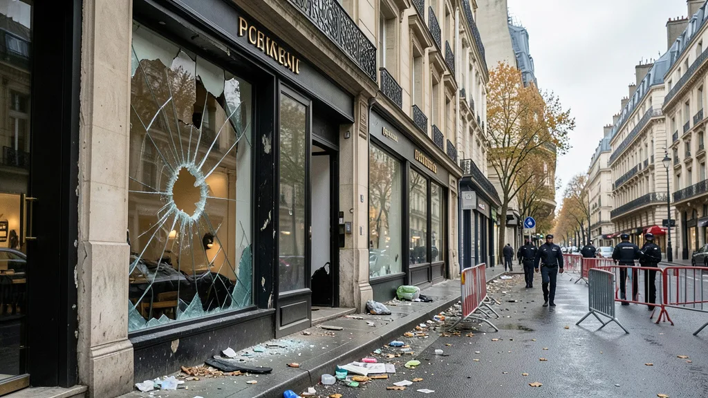 Imagem gerada por IA: Vitrine danificada em uma rua comercial de Paris, com barreiras de segurança ao fundo.