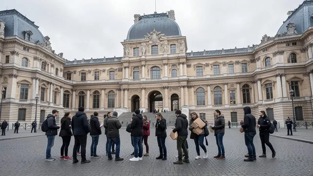 Imagem gerada por IA: Manifestantes bloqueiam a entrada do Museu do Louvre, em Paris.