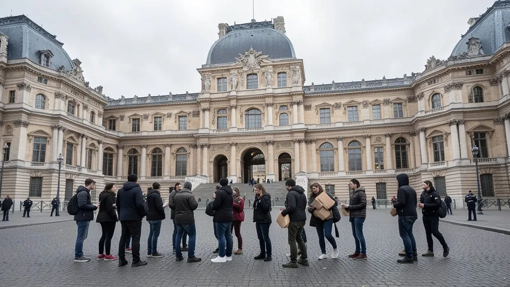 Imagem gerada por IA: Manifestantes bloqueiam a entrada do Museu do Louvre, em Paris.