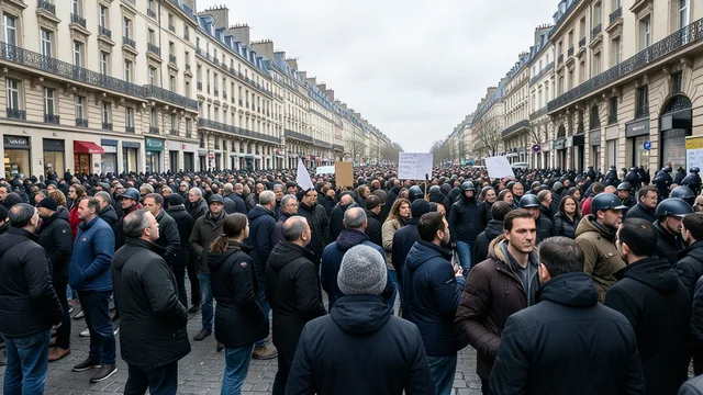 Imagem gerada por IA: Manifestantes ocupam uma rua em uma cidade francesa, com policiais ao fundo.