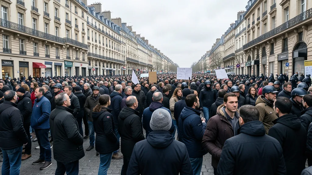 Imagem gerada por IA: Manifestantes ocupam uma rua em uma cidade francesa, com policiais ao fundo.
