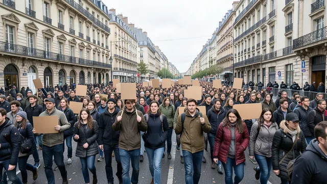 Imagem gerada por IA: Manifestantes participam de um protesto estudantil em uma rua de uma cidade francesa.