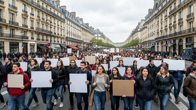 Imagem gerada por IA: Manifestantes caminham por uma avenida francesa durante um protesto estudantil.
