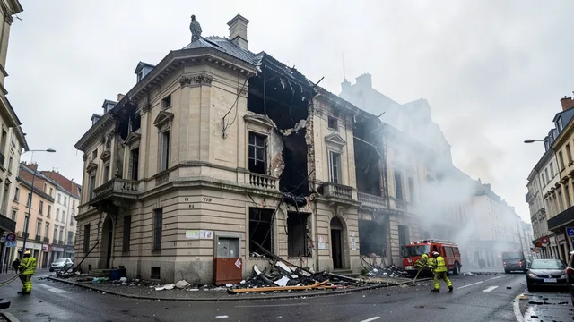 Imagem gerada por IA: Bombeiros atuam diante de um prédio danificado em uma rua de Lyon.