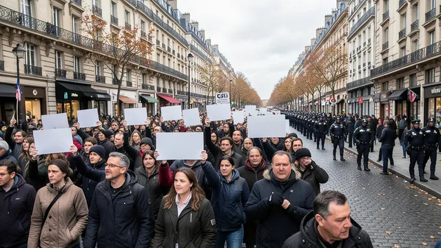 Imagem gerada por IA: Manifestantes caminham por uma avenida de Paris durante um protesto, com policiais ao fundo.