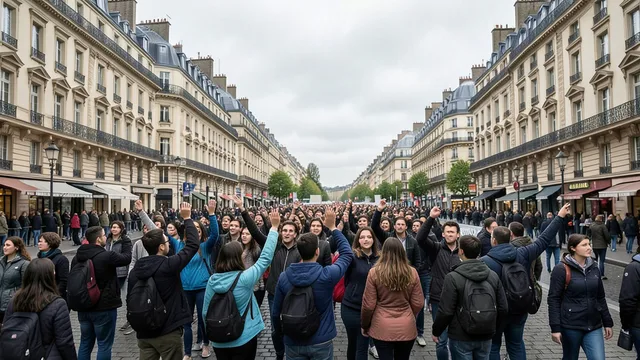 Imagem gerada por IA: Estudantes participam de uma manifestação em uma avenida de uma cidade francesa.