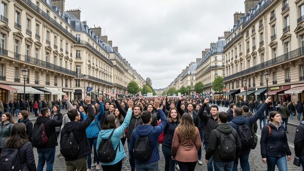 Imagem gerada por IA: Estudantes participam de uma manifestação em uma avenida de uma cidade francesa.