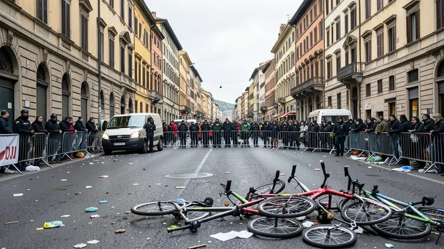 Imagem gerada por IA: Rua de uma cidade italiana após protestos, com bicicletas derrubadas e policiais ao fundo.