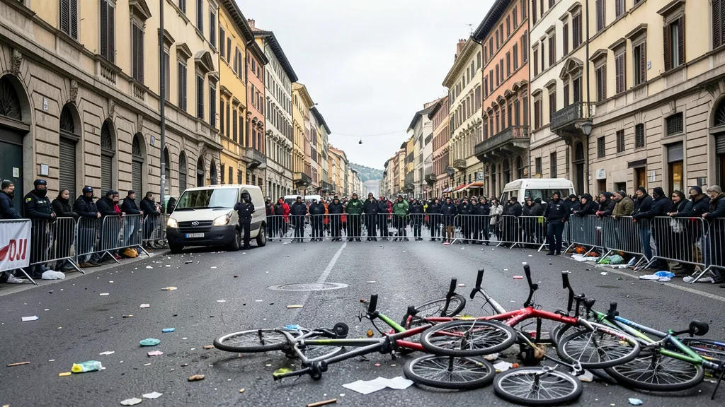 Imagem gerada por IA: Rua de uma cidade italiana após protestos, com bicicletas derrubadas e policiais ao fundo.