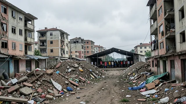 Escombros diante de prédios danificados e abrigo temporário em La Guaira, na Venezuela.