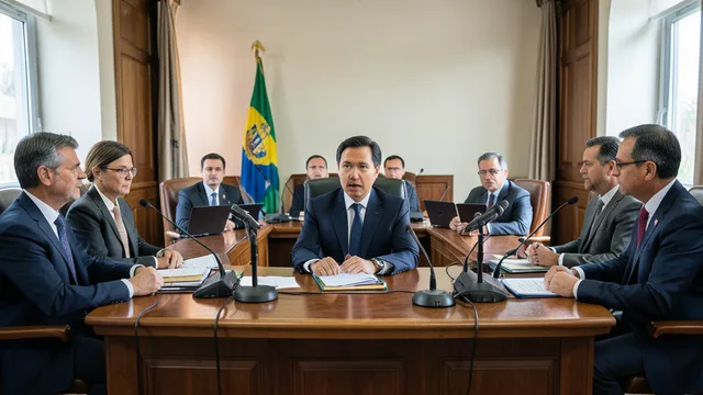 Imagem gerada por IA: Sessão de sabatina no Senado com um indicado sentado diante de parlamentares.