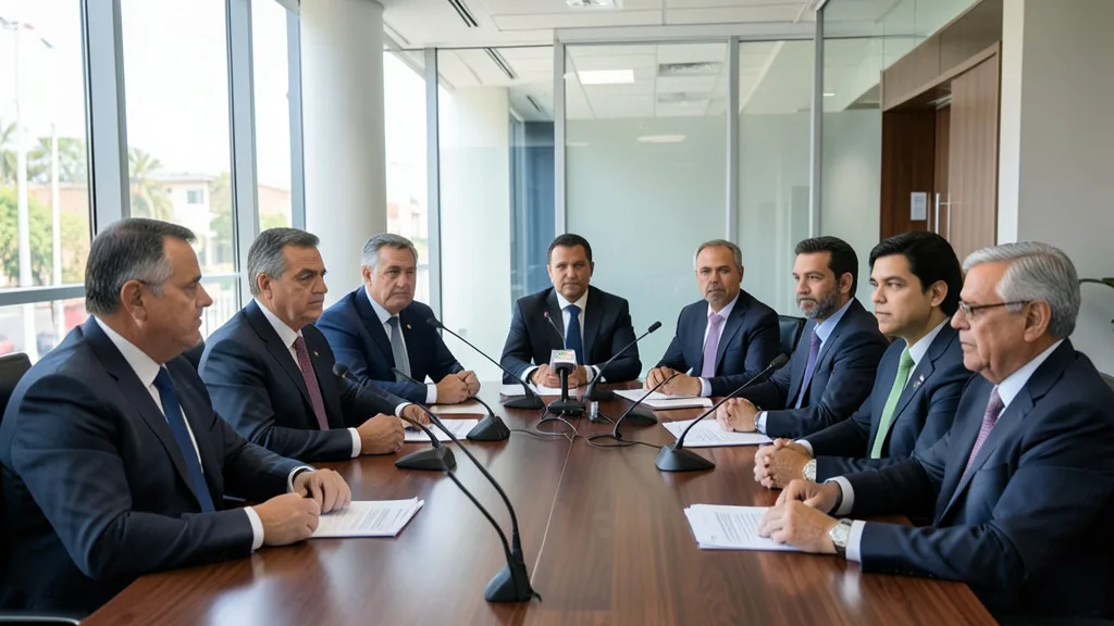 Imagem gerada por IA: Políticos reunidos em uma sala após as eleições, em imagem que representa negociações partidárias.