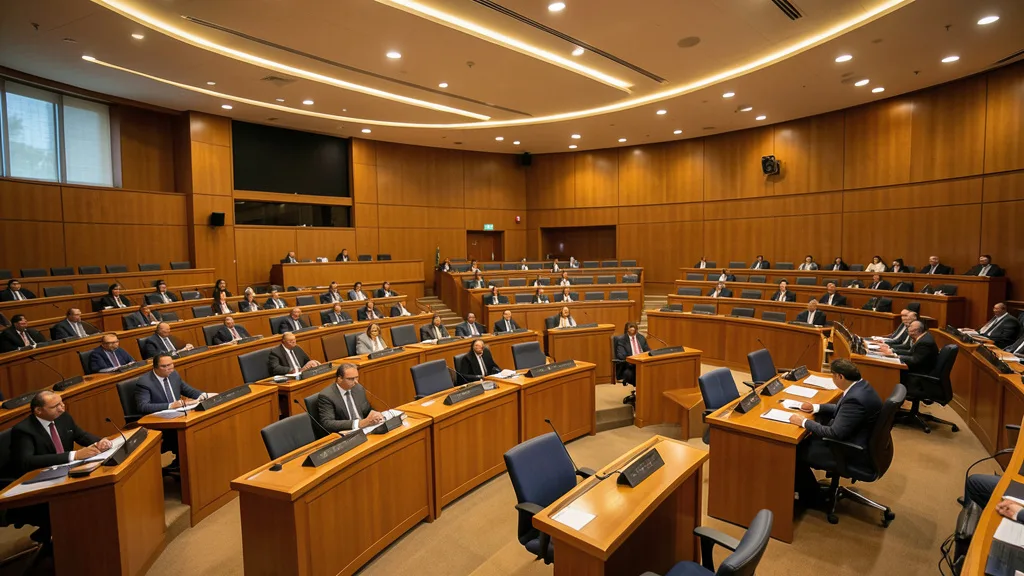 Imagem gerada por IA: Plenário de uma casa legislativa brasileira visto de cima, com fileiras de cadeiras e mesas.