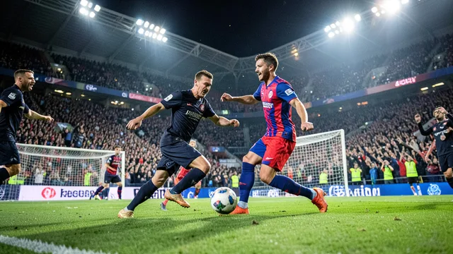 Imagem gerada por IA: Jogadores disputam a bola em uma partida de futebol em estádio lotado à noite.
