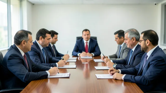 Imagem gerada por IA: Integrantes de um partido discutem em torno de uma mesa durante uma reunião.