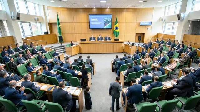 Imagem gerada por IA: Plenário da Câmara dos Deputados com parlamentares conversando antes de uma sessão.