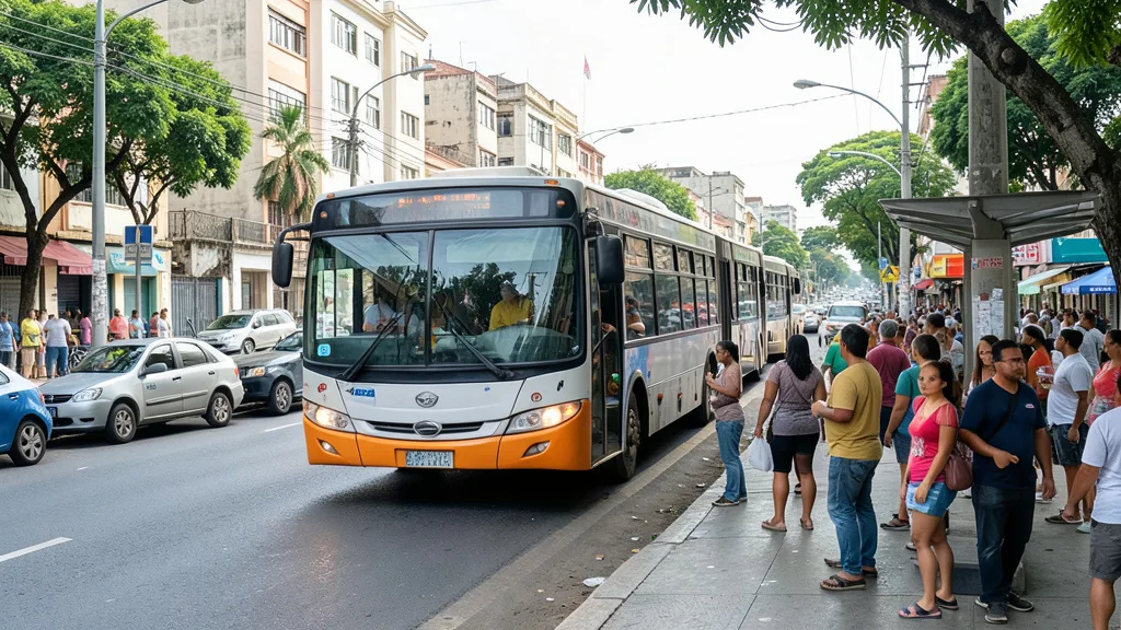 Imagem gerada por IA: Ônibus urbano circula por uma avenida movimentada enquanto passageiros aguardam no ponto.