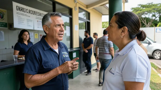 Imagem gerada por IA: Militante conversa com um eleitor diante de um local de votação.