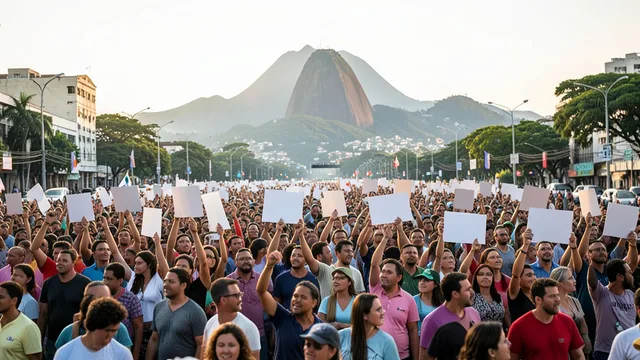 Imagem gerada por IA: Multidão participa de ato político em uma avenida do Rio de Janeiro, com o Pão de Açúcar ao fundo.