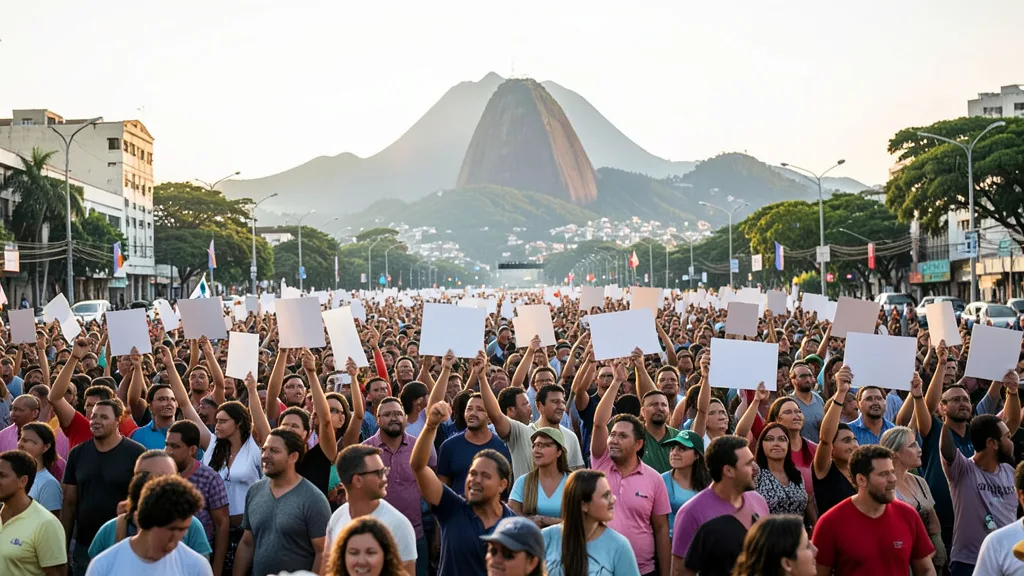 Imagem gerada por IA: Multidão participa de ato político em uma avenida do Rio de Janeiro, com o Pão de Açúcar ao fundo.