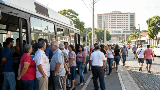 Imagem gerada por IA: Eleitores aguardam ônibus em um ponto movimentado de Salvador.